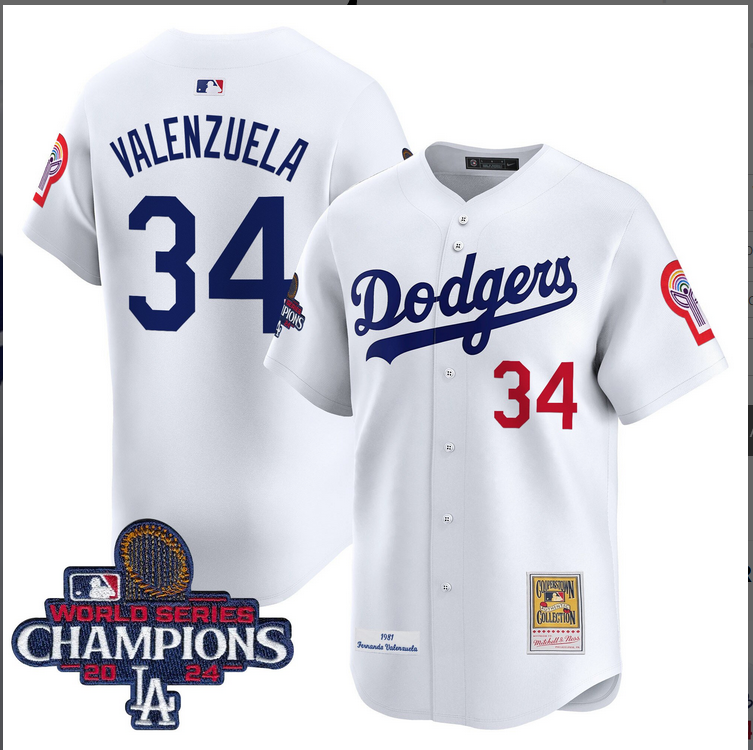 Men MLB Los Angeles Dodgers #34 Valenzuela white 2024 World Series Champions Patch Cooperstown Jersey 